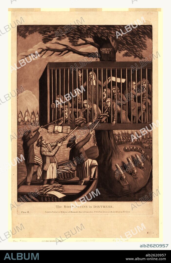 The Bostonians in distress, en sanguine engraving 1774, Bostonians held captive in a cage suspended from the Liberty Tree. Three British sailors standing in a boat feed them fish from a basket labeled To -from the Committee of in return for a bundle of papers labeled Promises around the tree and in the background are cannons and British troops. The paper in the hand of one jailed Bostonian says, They tried with the Lord in their Troubl & he saved them out of their Distress. CVIL 13.