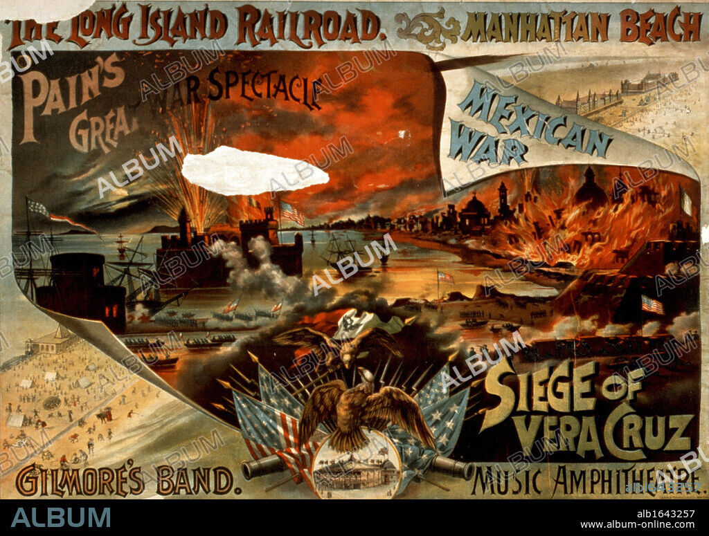 Mexican-American War 1846-1848: Battle of Vera Cruz, 20 day siege of the city 9-29 March 1847. American forces took the city and marched on to Mexico City. This was the first large-scale amphibious assault by the United States forces. Poster advertising a spectacular musical entertainment celebrating the American victory. Chromolithograph.