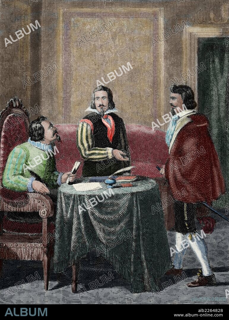 Alain-René Lesage (1668-1747). Novelista y dramaturgo francés. Escena de la novela picaresca " Gil Blas de Santillana", (1715-1735). Grabado coloreado. "Gil Blas presenta a Don Alfonso al Primer Ministro".