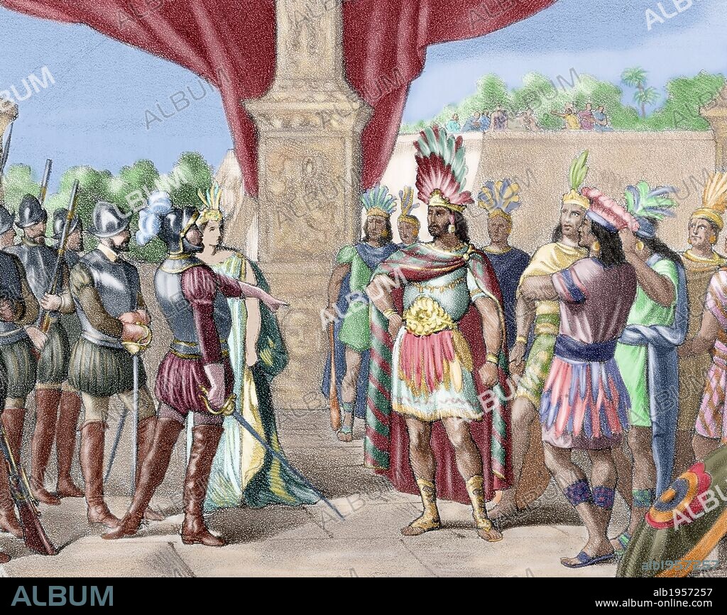 Moctezuma II (c. 1466 Ð 29 June 1520). Ninth tlatoani or ruler of Tenochtitlan, reigning from 1502 to 1520. Hernan Cortes takes prisoner Moctezuma II. Colored engraving, 1875.