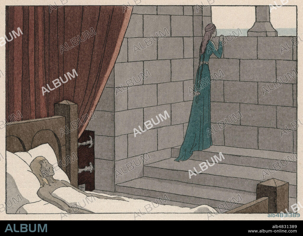 Iseut aux Blanches Mains, la femme de Tristan en Bretagne, lui ment sur la couleur de la voile qui ramene son aimee Iseut la Blonde. Illustration de 1946 par Andre MARTY (1882-1974) pour Le Roman de Tristan et Iseut par Joseph BEDIER (1864-1938). ADAGP. Credit : Collection Jonas/Kharbine-Tapabor.