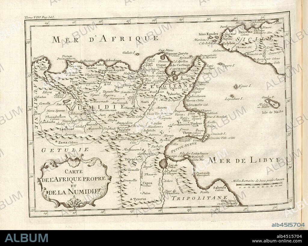 Map of clean Africa and Numidia, Map of the Numidia region in North Africa, Fig. 9, according to p. 342, Histoire universelle depuis le commencement du monde jusqu'à présent, traduite de l'anglois. T. 8. Amsterdam; Leipzig: chez Arkstée et Merkus, MDCCLXX [1770].