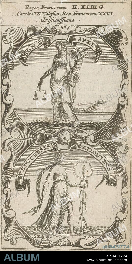 Personification of Good Hope / Personification of Stability, Bonae Spei / Subducensis Rationibus (title on object), Symbola Divina et Humana Pontificum Imperatorum Regum (series title), An emblem with two representations. Above the personification of Good Hope: a woman with scales and horn of plenty. She looks out over the sea. Below the female personification of Stability. She is holding a grain in the water. These are foreign exchange from King Charles IX of France., print maker: anonymous, after print by: Aegidius Sadeler (II), 1666, paper, engraving, letterpress printing, height 122 mm × width 68 mm.