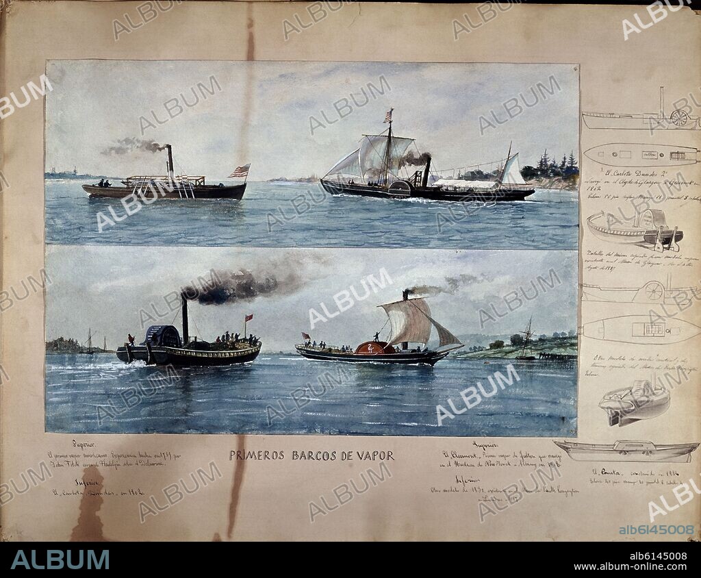 RAFAEL MONLEÓN. PRIMEROS BARCOS DE VAPOR SIGLO XIX - ACUARELA.