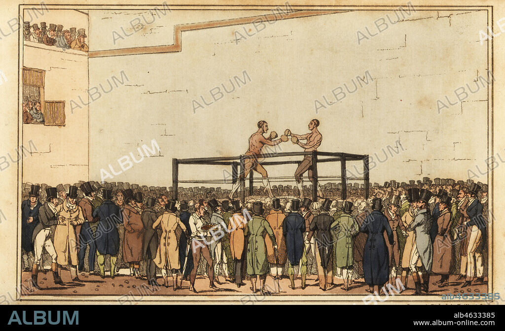 Regency gentlemen watching a boxing exhibition with pugilists wearing gloves and fighting in a raised ring. The Fives Court arena was located at St. Martins Street, London. Sparring at the Fives Court. Handcoloured copperplate engraving after an illustration by Henry Alken from Real Life in London, or, the Further Rambles and Adventures of Bob Tallyho, Esq. and His Cousin The Hon. Tom Dashall, through the Metropolis, Jones, London 1821. Anonymous imitation of Pierce Egans Life in London.