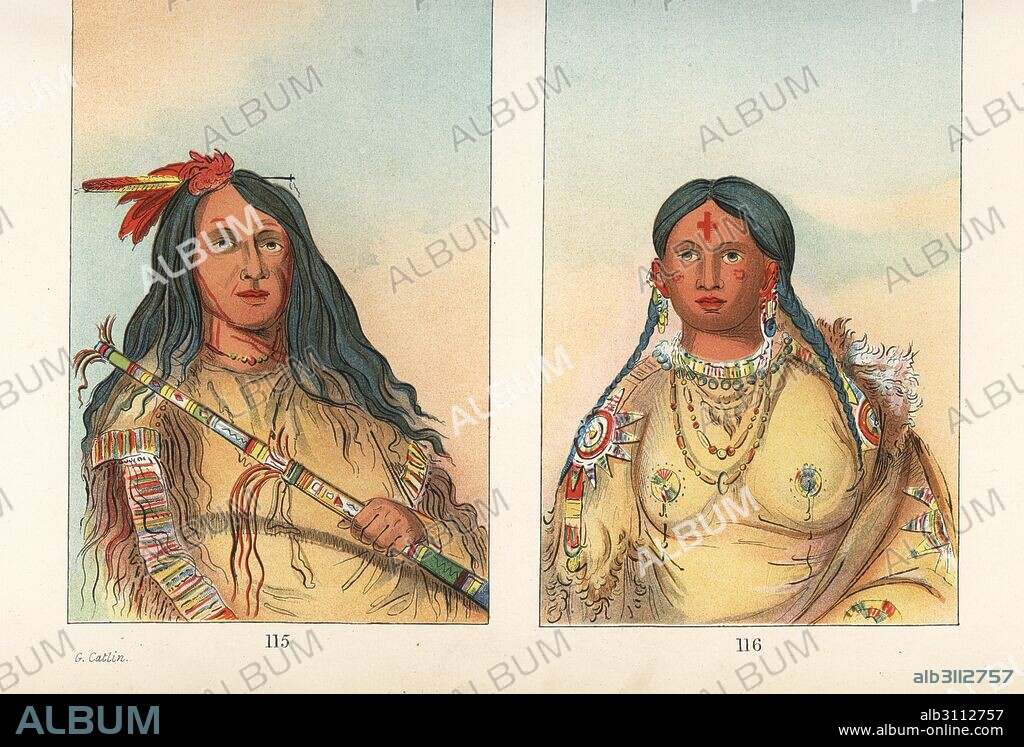 Nee-hee-o-ee-woo-tis, the Wolf on the Hill, chief of the Cheyenne nation, and a woman, Tis-see-woo-na-tis, She who Bathes her Knees. Handcoloured lithograph from George Catlin's Manners, Customs and Condition of the North American Indians, London, 1841.