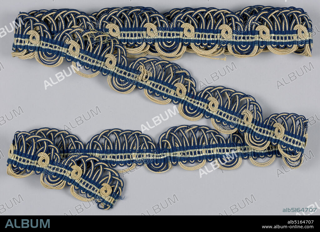 Length of trim, cotton, silk, wool, wood, Woven looped trim in blue and white cord., England, mid-19th century, trimmings, Trimming, Trimming.