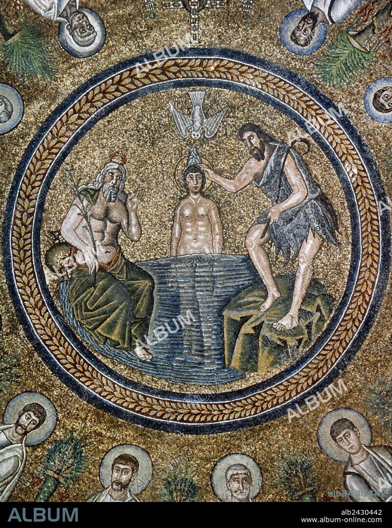Italy. Ravenna. Arian Baptistry. Erected by the Ostrogothic King Theodoric the Great. Ceiling Mosaic. Baptism of Jesus by Saint John the Baptist. 6th century.
