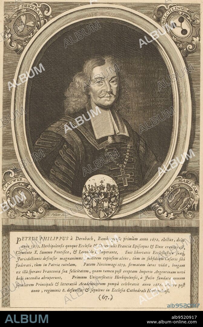 Portrait of Peter Philipp von Dernbach, Johann Salver (I), 1713, print maker: Johann Salver (I), (mentioned on object), publisher: Thomas Fritsch, 1713, paper, engraving, letterpress printing, h 259 mm - w 169 mm.