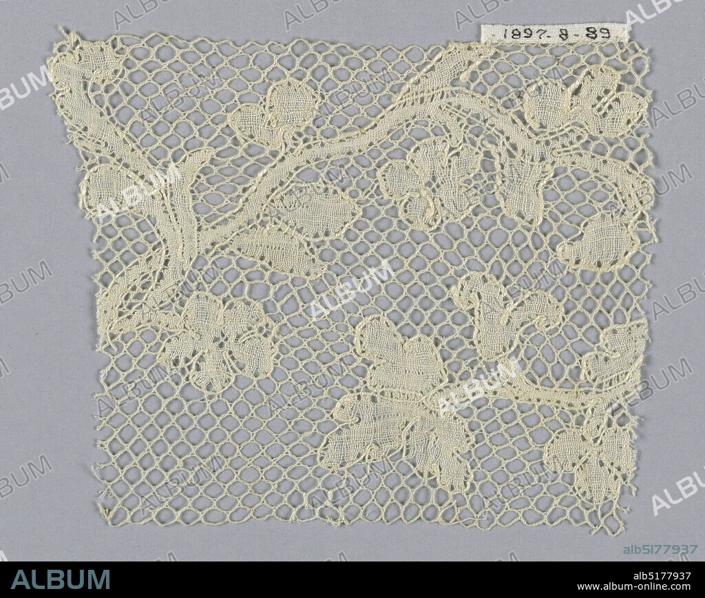 Fragment, Medium: linen Technique: bobbin lace (Lille-style with heavy outlining thread), Serpentine stem with leaves and flowers and Lille ground., Belgium, 18th century, lace, Fragment.