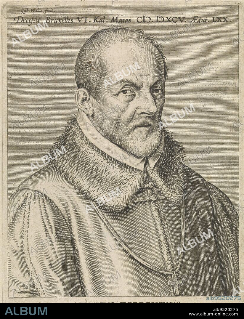 Portrait of Laevinus Torrentius, bishop of Antwerp, Gijsbert van Veen, 1595 - 1628, print maker: Gijsbert van Veen, (mentioned on object), print maker: Cornelis Galle (I), Joannes Bochius, (mentioned on object), 1595 - 1628, paper, engraving, h 172 mm × w 112 mm.