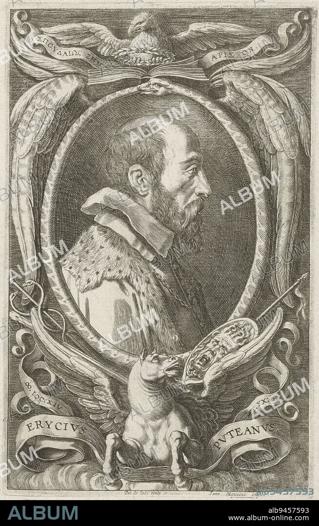 Bust portrait of Erycius Puteanus. The portrait is framed with wings, which is surmounted by an open book, a laurel wreath, an eagle and a banderole with his motto in Greek. Below the frame a shield with the head of Medusa, the caduceus of Mercury, Pegasus and a banderole with the name and dates of birth and death of the person portrayed. Portrait of Erycius Puteanus, print maker: Pieter de Jode (I), (mentioned on object), publisher: Joannes Meyssens, (mentioned on object), Antwerp, 1590 - 1632, paper, engraving, h 183 mm × w 116 mm.