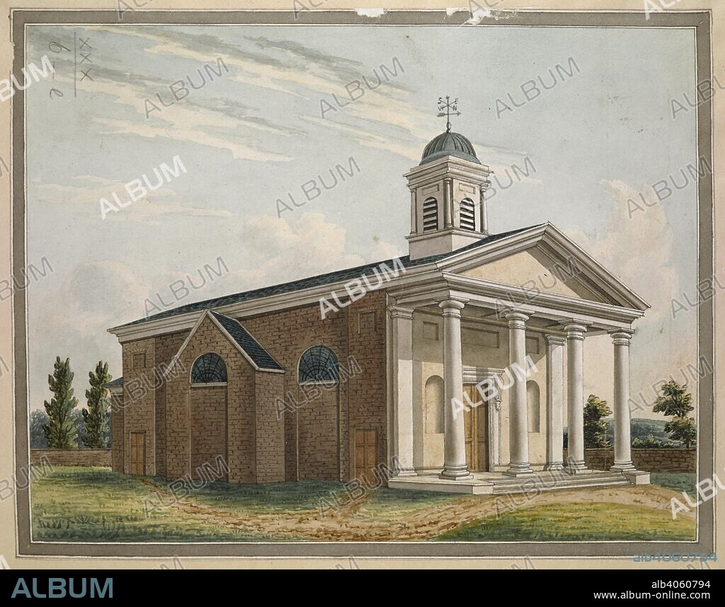 Kentish Town Chapel. A chapel with a portico and pediment standing on a hillside; a brick wall and trees behind. Bears title in pencil on verso.   . Kentish Town Chapel. about 1785-1800. 1 drawing : pen and black ink with watercolour ; sheet 19.4 x 24.6. Source: Maps K.Top.30.6.e.
