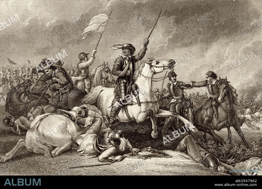 Oliver Cromwell at The Battle of Marston Moor, leading a charge after being wounded in the right arm, during the First English Civil War in 1644. Oliver Cromwell, 1599 to 1658. English military and political leader. From Illustrations of English and Scottish History published 1882.