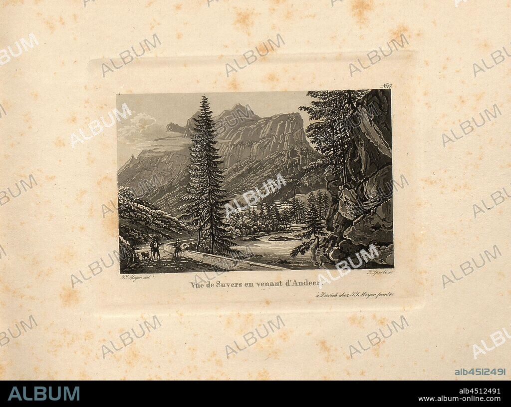 Vue de Suvers and friend Andre, Suvers, coming from Andeer, Signed: J. J. Meyer, J. Sperli, plate 17, Meyer, Johann Jakob (del.); Sperli, J. (sc.), 1826, Johann Jakob Meyer, Johann Gottfried Ebel: Meyer’s Bergstrassen durch Graubünden nach dem Langen- und Comer-See. Mit Einleitung u. Erklärung von Herrn Doctor J. G. Ebel. [Zürich: J. J. Meyer, 1826].