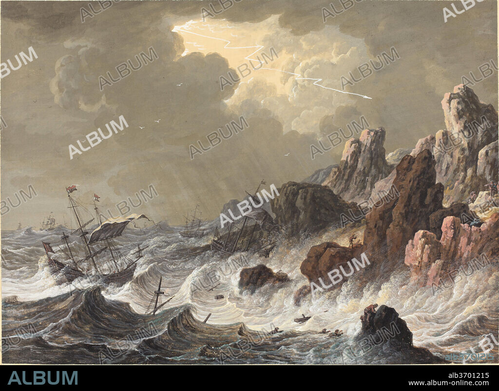 JOHANN CHRISTOPH DIETZSCH. Storm-Tossed Ships Wrecked on a Rocky Coast. Dimensions: overall: 20.6 x 28.3 cm (8 1/8 x 11 1/8 in.). Medium: gouache on vellum.