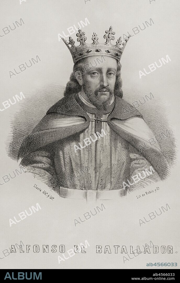 Alfonso I de Aragón (1073-1134) "el Batallador". Rey de Aragón y Pamplona (1104-1134). Participó activamente en la Reconquista contra los musulamanes en la zona del valle del Ebro. Dibujo por Llanta. Litografía. Crónica General de España. Historia Ilustrada y Descriptiva de sus Provincias. Aragón, 1866. Biblioteca Histórico Militar de Barcelona, Cataluña, España.