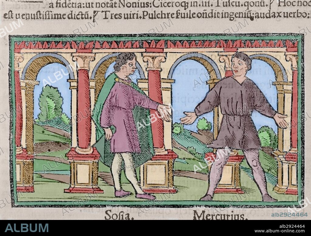 Titus Maccius Plautus (250-184). Latin playwright. Amphitryon. Act I. Sofia and Mercurius. Engraving. 1518. Colored.