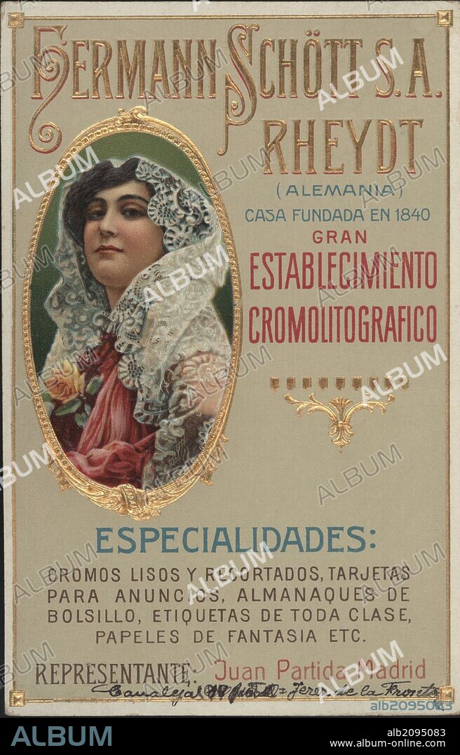 Tarjetón publicitario del taller de cromolitografía Hermann Schött S.A., de Rhedydt (Alemania), años 1890.