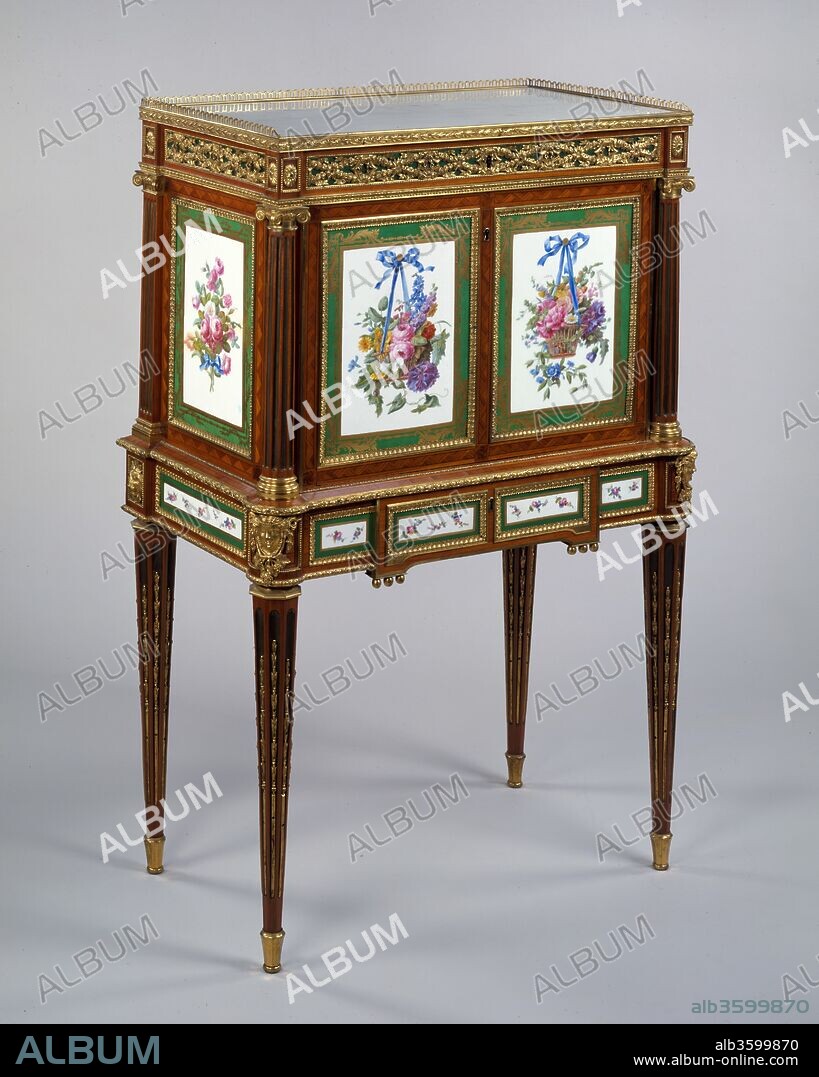 ATTRIBUTED TO MARTIN CARLIN, 1740-PRESENT) SÈVRES MANUFACTORY (FRENCH (SOFT-PASTE PORCELAIN PLAQUES) and PARIS VARIOUS FRENCH PAINTERS (SOFT-PASTE PORCELAIN PLAQUES). Secretary. Artist: Attributed to Martin Carlin (French, near Freiburg im Breisgau ca. 1730-1785 Paris); Sèvres Manufactory (French, 1740-present) (soft-paste porcelain plaques); various French painters, Paris (soft-paste porcelain plaques). Dimensions: H. 120.3 cm, W. 80 cm, D. 45.7 cm. Date: ca. 1781-85.
This upright rectangular drop-front secrétaire is thought to have come from the Parisian workshop of the French cabinetmaker ("maitre-ébeniste") Martin Carlin. From his quarters in the Rue de Faubourg Saint-Antoine, Carlin produced writing-desks, commodes, and secretaires inset with porcelain plaques or panels of "pietre dure", all exquisite pieces befitting his illustrious clientele. The daughters of Louis XV, Madame Adélaïde and Madame Victoire, decorated the Chateau Bellevue at Meudon near Paris with some of his masterpieces.
Carlin crafted several drop-front secrétaires like the one in the Lehman Collection. The present example has Ionic fluted columns in the forecorners and Ionic pilasters on the rear corners, resting on a lower stage supported on four straight tapering and fluted octagonal legs. The white marble top of the upper section is surrounded by a gilt bronze molding chased with laurel leaves and berries surmounted on the sides and back by an open-work gilt bronze gallery. The frieze of three recessed panels is mounted with gilt bronze floral garlands tied with flower heads and ribbons interspersed with shaped cartouches. The fall front and sides of the upper section are mounted with rectangular porcelain plaques, the front plaques decorated with baskets of flowers and leaves suspended from knotted ribbons on a green japanned ground. The lower stage is also fitted with porcelain plaques decorated with floral sprays. All the plaques are framed with a gilt bronze water-leaf molding. The interior is fitted with pigeon holes and six drawers veneered in tulip-wood. The forecorners of the lower stage are mounted with gilt bronze female masks enframed with leaves, berries, and garlands of beads; the rear corners are mounted with gilt bronze lion masks.