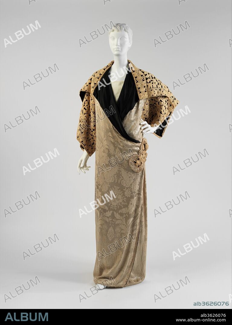 Opera coat. Culture: French. Designer: Paul Poiret (French, Paris 1879-1944 Paris). Date: 1911.
Breaking with nineteenth-century couture conventions, Paul Poiret's designs of the 1910s relied on draping techniques rather than tailoring. This approach yielded soft, flowing forms that hung loosely from the body, a departure from precisely shaped pattern pieces made to fit the exaggerated contours of a corseted figure. Poiret was an influential advocate for the abandonment of the corset. In his efforts to design clothing that liberated the body, he turned to antique and Eastern forms of dress, finding inspiration in the linear cut of garments like the kimono. The influence of the kimono's geometric cut is evident in this opera coat composed of rectangular pattern pieces that hang from the shoulders. Poiret's concept of garments based on straight lines and a flat construction offered an innovative model for Western dress that changed the course of fashion history and anticipated the styles of the following decade.