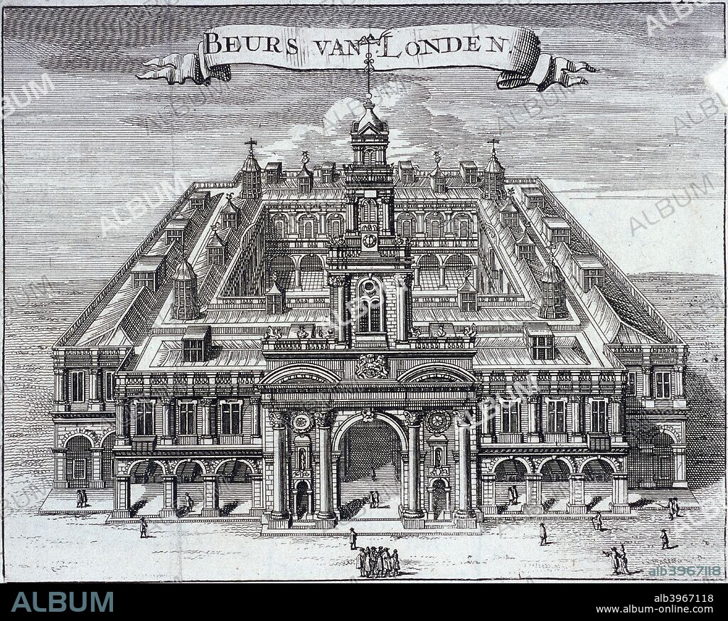 Bird's-eye view of Royal Exchange's south front, London, c1680, with figures in the street outside.