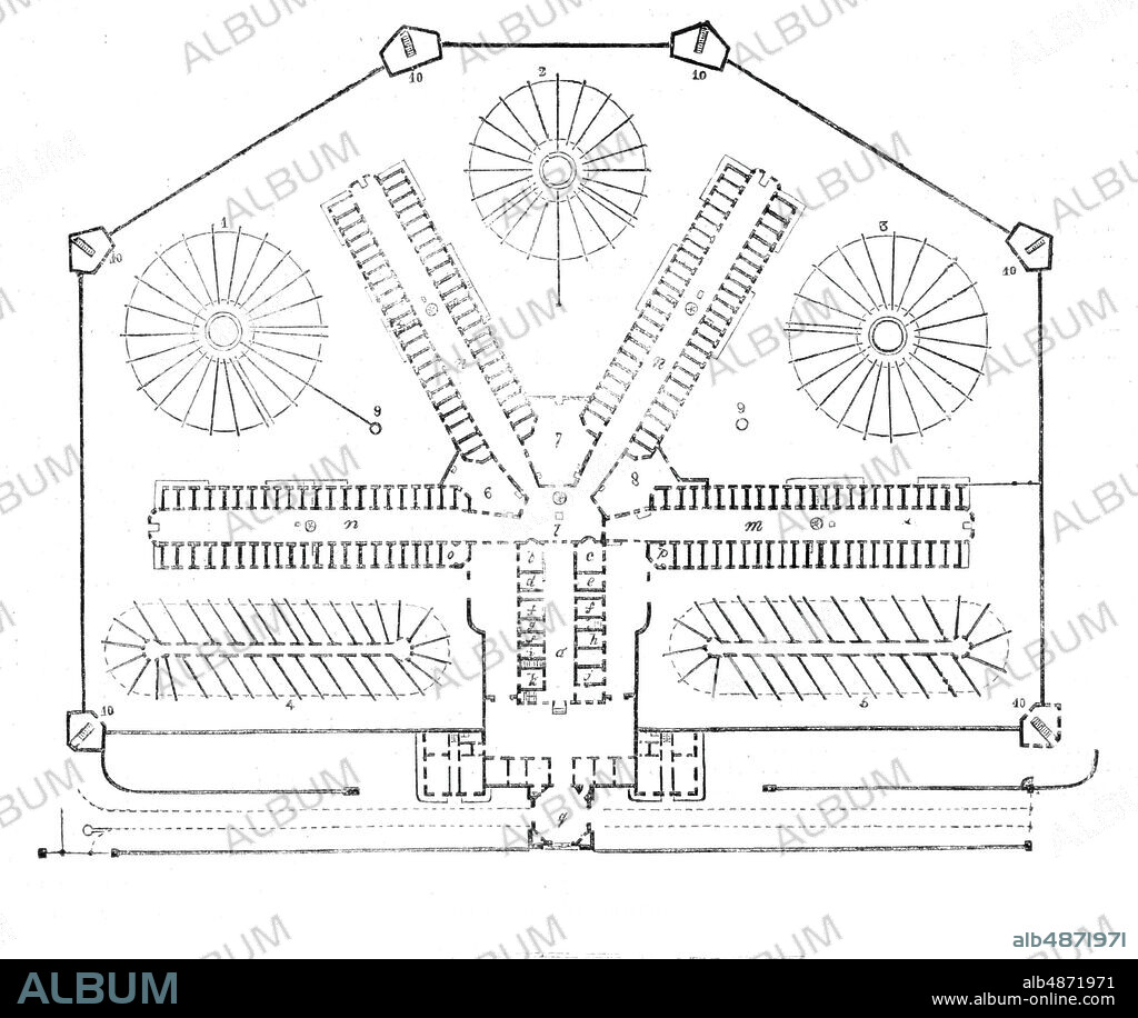 Plan of the prison, 1842. Architectural drawing of Pentonville Prison, London, completed in 1842. From "Illustrated London News", 1844, Vol I.
