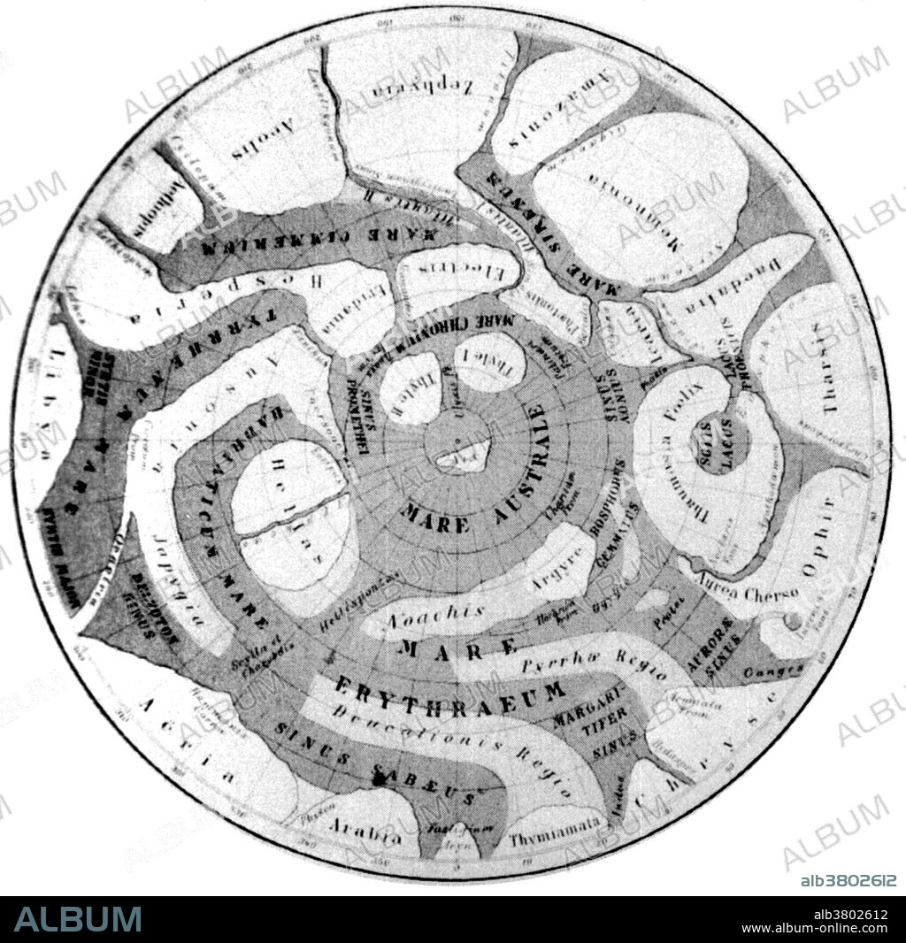 Schiaparelli's Mappa Aerographica of Mars, Stereographic projection, 1877-78. Giovanni Virginio Schiaparelli (1835-1910) was an Italian astronomer and science historian. In 1888, Schiaparelli announced the discovery of a network of narrow lines on Mars, which he described as "canali," an Italian word that means "channels." In Italian, the word can mean a natural channel like a river valley. Stereographic projection is a particular mapping (function) that projects a sphere onto a plane. The projection is defined on the entire sphere, except at one point: the projection point. Where it is defined, the mapping is smooth and bijective.