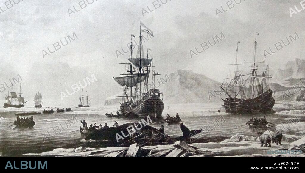 Dutch vessels whale fishing oil painting 1609 Greenland.