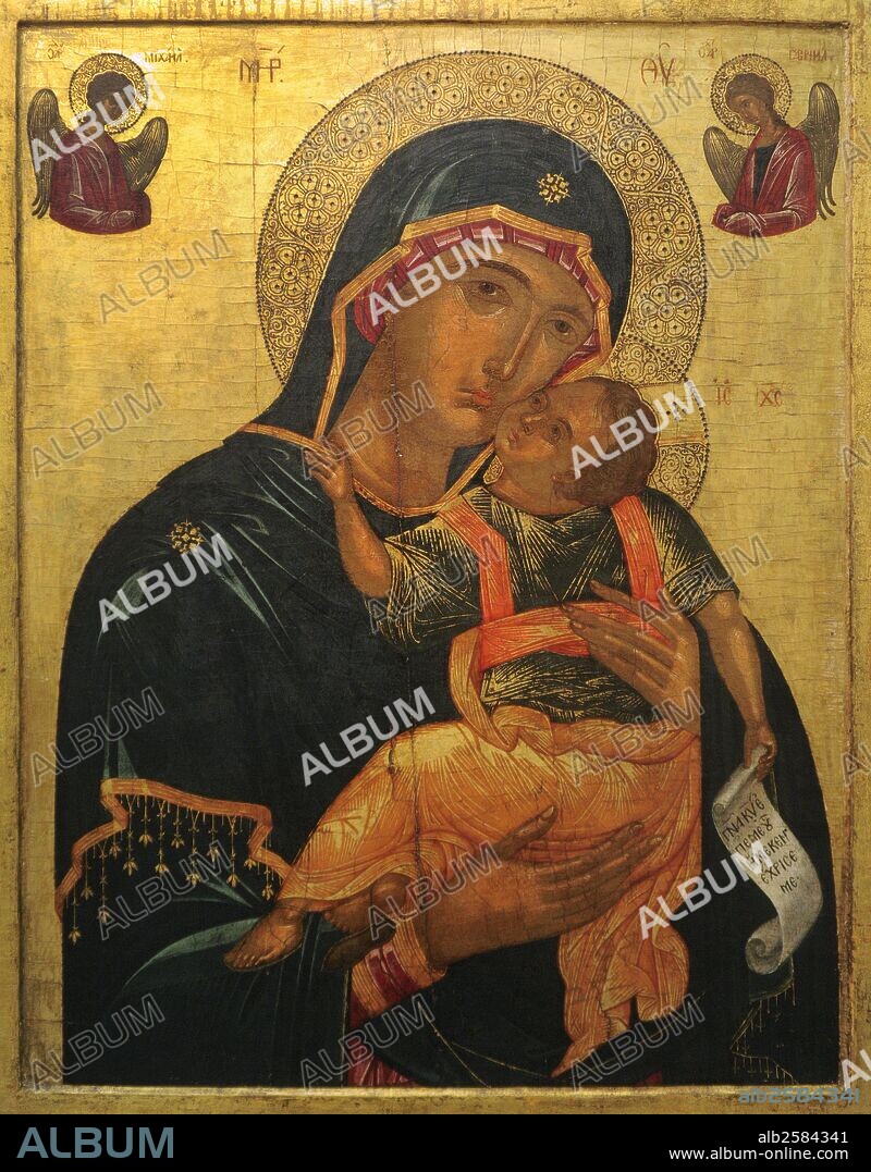ARTE BIZANTINO. Madre de Dios (Glykophilousa o Eleusa). Forma iconográfica de representación del Niño Jesús y la Virgen maria, propio del arte bizantino, en los icono. Creta, finales S. XV, principios S. XVI. Galería Nacional de Praga (Sternberg Palace). República Checa.