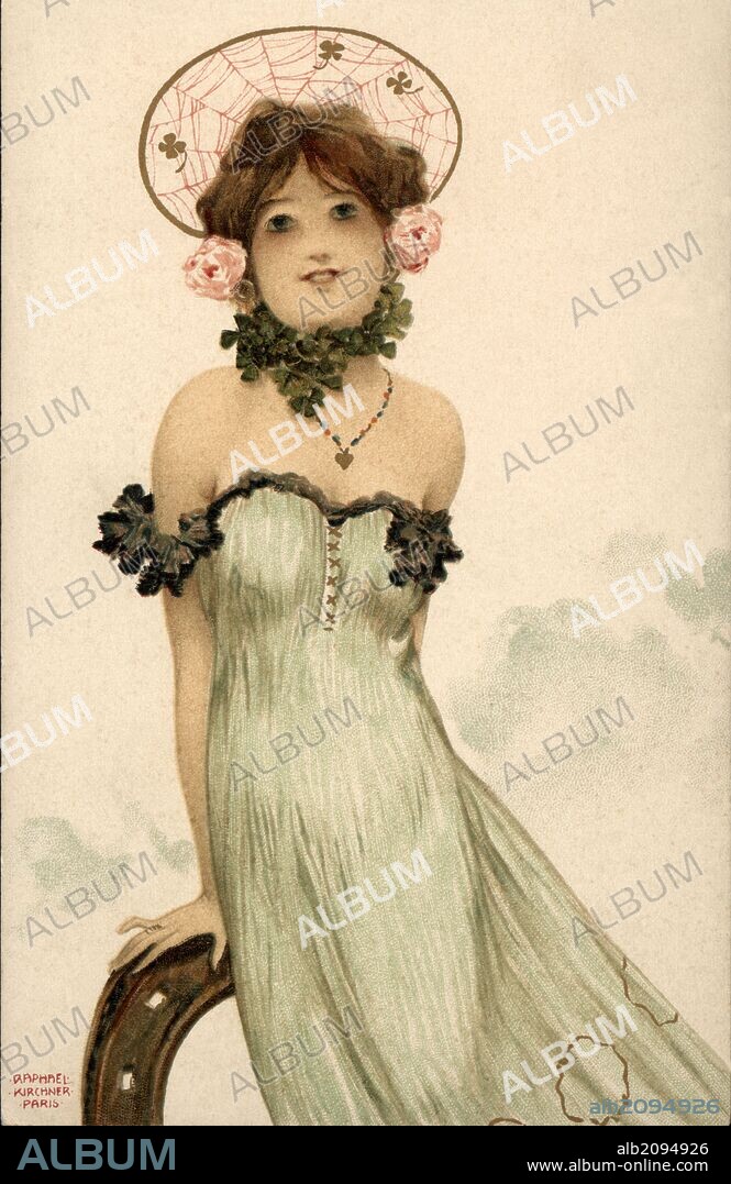 Tarjeta postal. Modernismo. Dibujo de Raphael Kirchner (1876-1917). Serie "chicas con amuletos de la buena suerte". Año 1900.