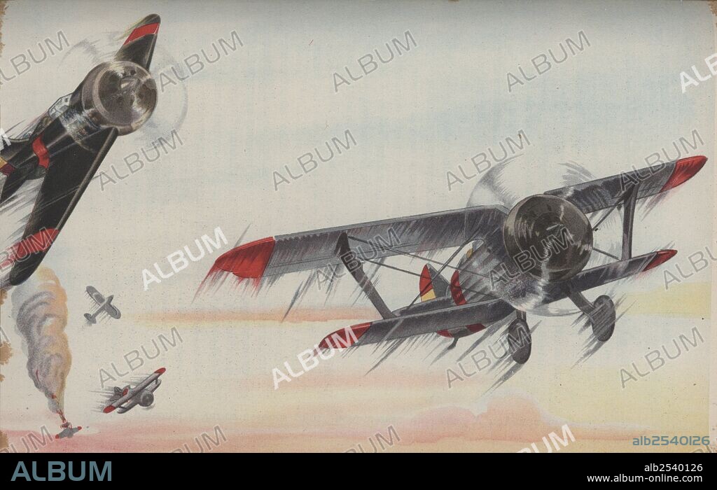 Combate aéreo entre aviones Focker del ejército nacionalista y aviones Polikarpov (rata o mosca) del bando republicano. Guerra civil española.
