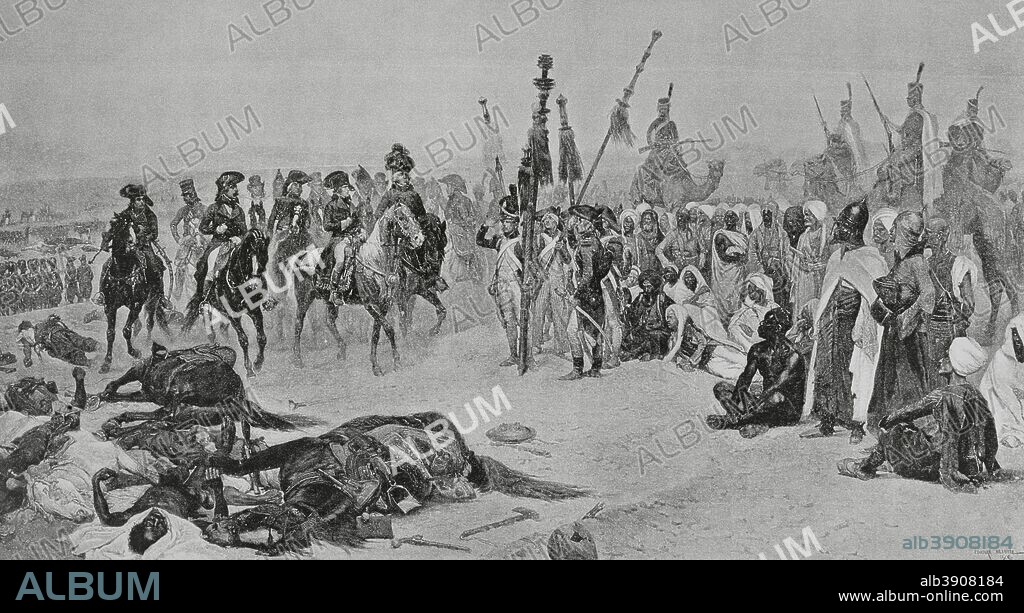 Napoleón I (Ajaccio,1769-Santa Elena,1821). Emperador de los franceses (1804-1815). Naploeón en Egipto, durante la Campaña de Egipto llevada a cabo entre los años 1798-1799. Epoca del Directorio (1795-1799). Grabado. Original por Edouard Detaille (1848-1912). En Campagne, por Jules Richard. Obra editada en París en 1885. Biblioteca Histórico Militar de Barcelona. Cataluña. España.