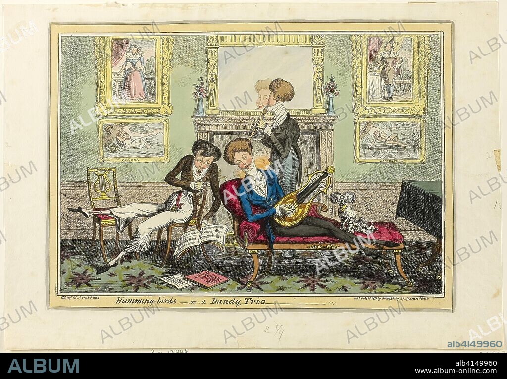 Humming Birds, or A Dandy Trio. George Cruikshank (English, 1792-1878); published by George Humphrey (English, c. 1773-1831). Date: 1819. Dimensions: 242 × 342 mm (image); 250 × 350 mm (plate); 294 × 423 mm (sheet). Hand-colored etching on paper. Origin: England.