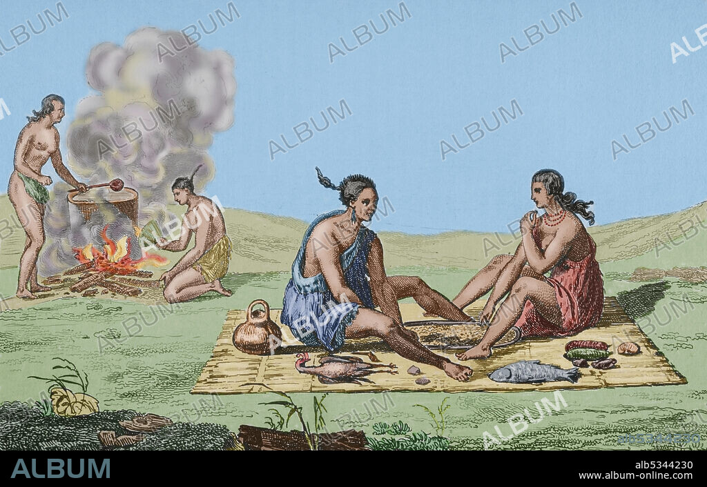 Siglo XVI. Florida. Comida y preparacion de los manjares. Grabado. Panorama Universal. Historia de los Estados Unidos de América, por Roux de Rochelle. Edición española, impresa en Barcelona, 1850. Coloreado.