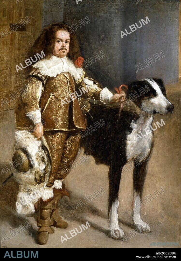 DIEGO VELÁZQUEZ (círculo). Diego Rodríguez de Silva y Velázquez (Círculo de) / 'Retrato de bufón con perro', 1640, Escuela Española, Óleo sobre Lienzo, 142 cm x 107 cm, P01203.