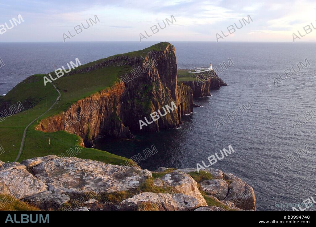 Neist Point Lighthouse, Isle of Skye, Highland, Scotland. This lighthouse aiding navigation in the Minch was completed in 1909. Its engineer was David Stevenson, one of the famous Scottish family of lighthouse builders. The lighthouse has been automatically operated and unmanned since 1990.