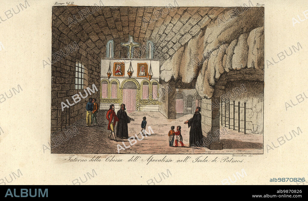 The interior of the Cave of the Apocalypse, church on the Aegean island of Patmos, Greece. Interno della chiesa dellApocalisse nellIsola di Patmos. Handcoloured copperplate engraving by Bennardoni from Giulio Ferrarios Costumes Ancient and Modern of the Peoples of the World, Il Costume Antico e Moderno, Florence, 1826.