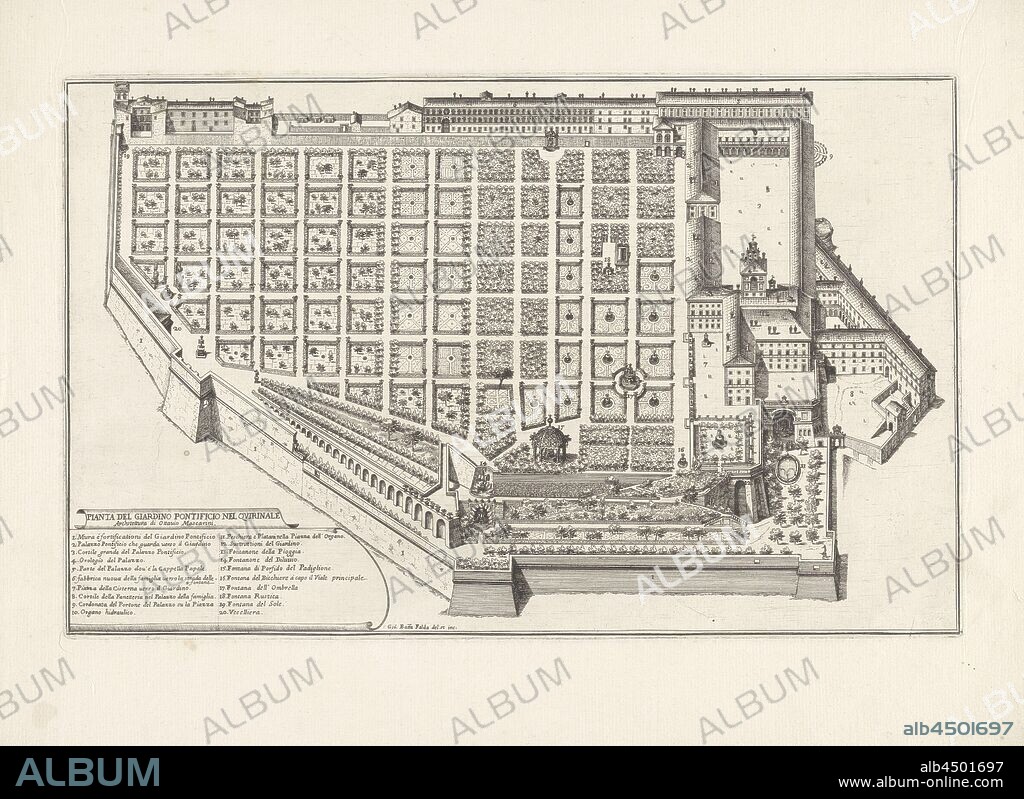 Floor plan of the garden at the Palazzo del Quirinale Pianta del giardino pontificio nel Quirinale (title on object) Gardens in Rome (series title) prospettiva (series title), Floor plan of the papal garden at the Palazzo del Quirinale on the Quirinal in Rome. Bottom left an explanatory list with numbers, garden, plan, map of garden, Quirinal, Palazzo del Quirinale, Giovanni Battista Falda (mentioned on object), 1683, paper, etching, h 261 mm × w 416 mm.