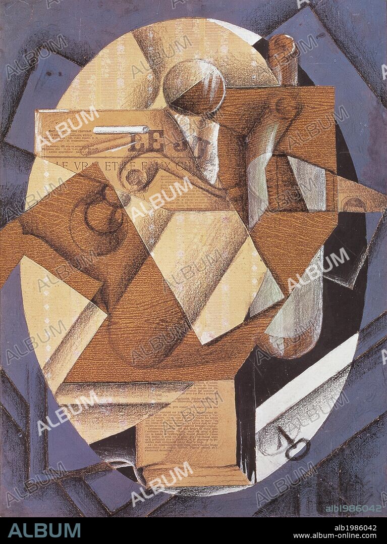 Still life, 1914, by Juan Gris (1887-1927), a collage of colored papers, prints and charcoal.