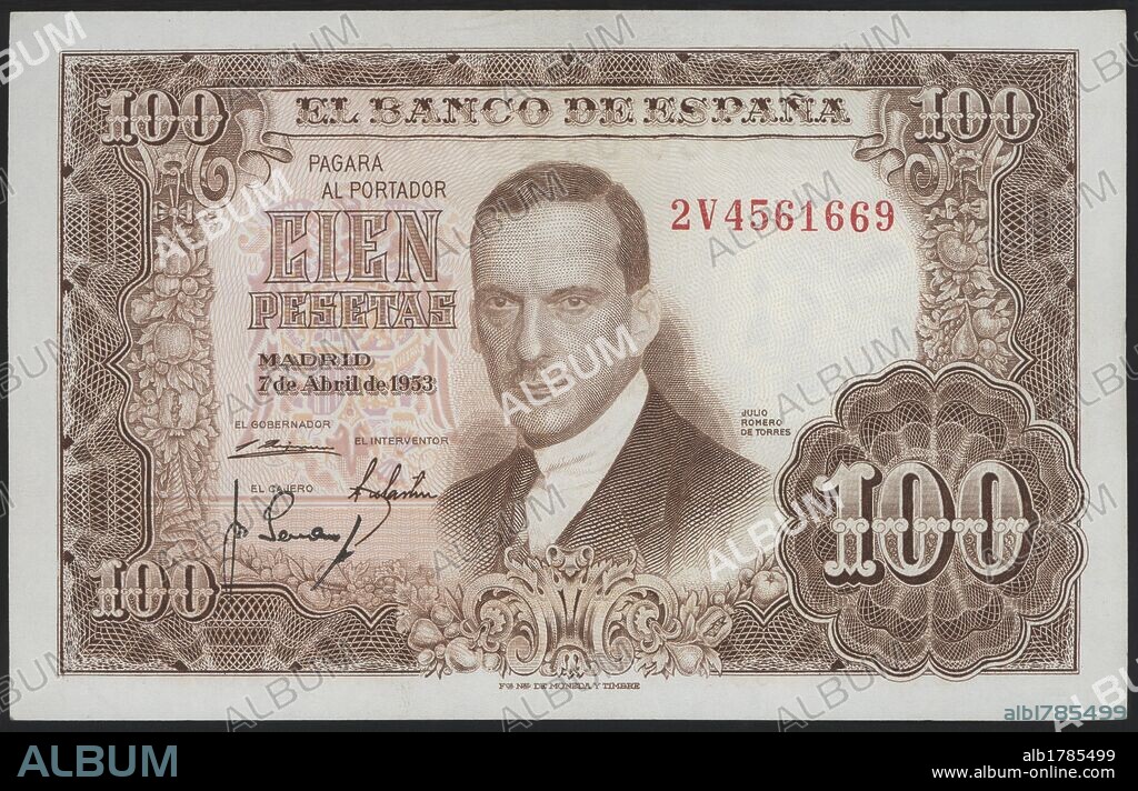 Billete del Banco de España por valor de Cien pesetas. Retrato de Julio Romero de Torres. Emisión de 1953. Anverso.