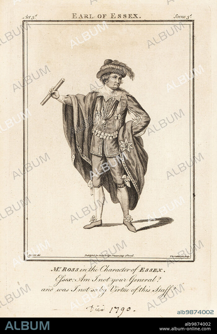 Mr. David Ross in the character of Essex in Henry Jones The Earl of Essex, Drury Lane Theatre, 1752. Copperplate engraving by J. Thornthwaite after an illustration by James Roberts from Bells British Theatre, Consisting of the most esteemed English Plays, John Bell, London, 1776.