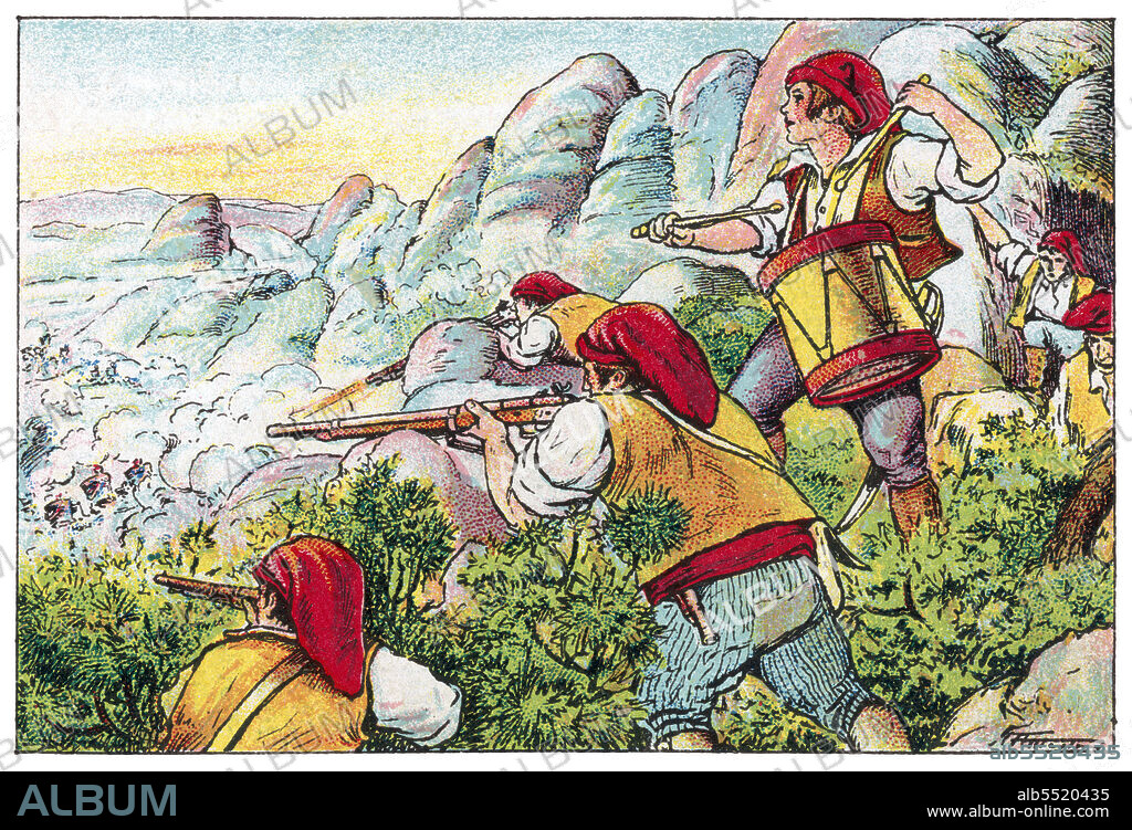 ALBERT MESTRE MORAGAS. Historia de Catalunya. Guerra de la independencia. Leyenda del tambor del Bruc. Una columna de soldados franceses retroceden en su intento de cruzar las montañas de Montserrat ante la confusión causada por el redoble de un tambor que parecía anunciar la llegada de refuerzos españoles. Año 1808. Cromo de Xacolata Juncosa. Año 1932.