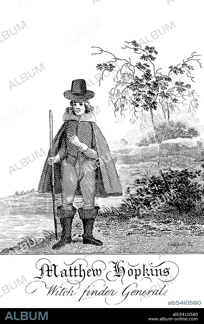 Matthew Hopkins (1620 - August 12, 1647) was an English witch hunter who claimed to hold the office of Witchfinder General. Hopkins is believed to have been responsible for the deaths of 300 women. No artist credited.