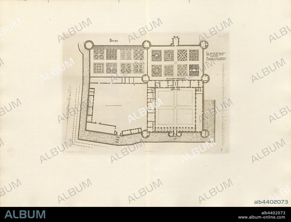 Bury. The plan of the bastiment with its contents, Floor plan of the Château de Bury near Blois in France, Signed: FD; Imp. Lemercier et Cie, A. Lévy (ed.), Fig. 62, T. 2. 61., Cerceau, Jacques Androuet du (del.); Faure-Dujarric, Pierre-Lucien (sc.); Lemercier (imp.); Levy, A. (ed.), 1868, Jacques Androuet du Cerceau; Hippolyte A. Destailleur: Les plus excellents bastiments de France. Paris: A. Lévy, Libraire-Editeur, M DCCC LXVIII - M DCCC LXX. [1868-1870].