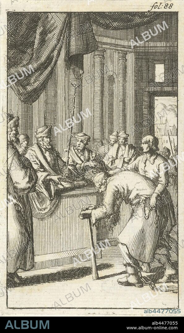 Chained old man appears before the judge, Print marked upper right: fol: 88, court session, old man, prisoner, in fetters, Jan Luyken, Amsterdam, 1687, paper, etching, h 117 mm × w 68 mm.