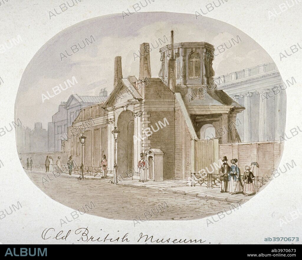 View of the old British Museum, Bloomsbury, London, 1850. The original home of the British Museum, Montague House, was demolished in the 1840s; the Central Hall of the new building, designed by Robert Smirke, was opened in 1847.
