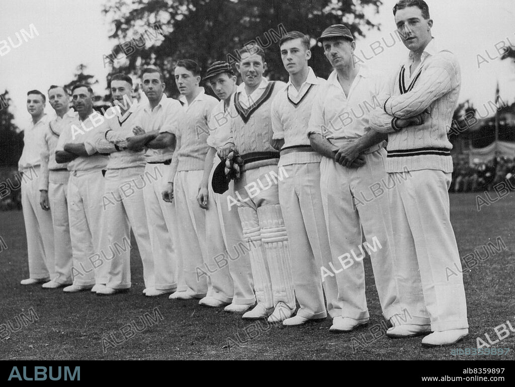 The House of Edrich Play Cricket.A Team Composed of Members of the Edrich Cricketing Family Played a team Captained by Micharel Falcon, Norfold County Captain, at Blofield Near Norwich. The Edrich team was Captained by Bill Edrich of England and Middlesex fame.The Edrich Team (L-R) George C. Edrich, Grorge H. Edrich, Edwin H. Edrich, Arthur E. Edrich, Harry M. Edrich, Geoffrey A. Edrich, Brian R. Edrich, Eric H. Edrich, Alan W. Edrich, William A. Edrich and William J. Edrich (Capt). September 14, 1938. (Photo by Sport & General Press Agency, Limited).