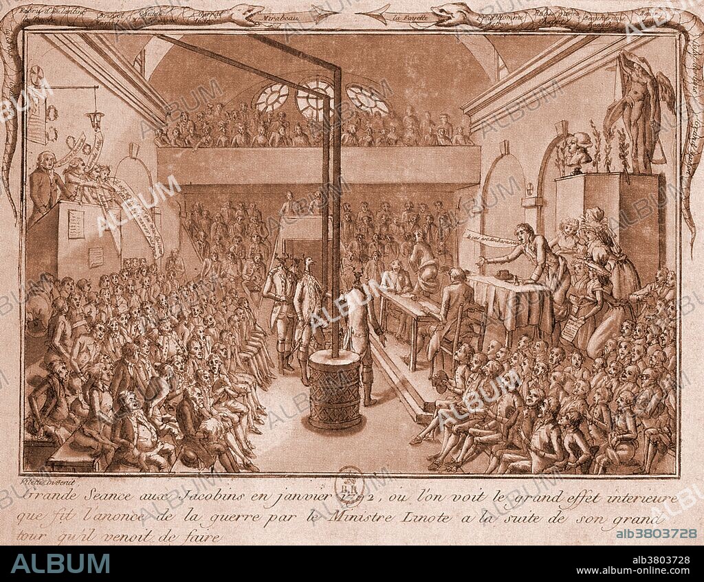 Meeting of the Jacobins, January 1792. During the French Revolution, rebels called Jacobins met to condemn the monarchy and anyone connected with it. Led by Mirabeau and initially moderate, the Jacobins became famous, after Mirabeau's death, for the Reign of Terror, in which thousands were exectued by guillotine. The caption to this illustration reads: "a large meeting of Jacobins, at which we see the great reaction produced by Minister Linote's declaration of war, coming on the heels of his recent tour.".