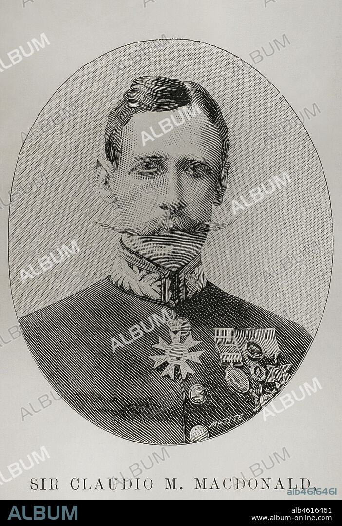 Claude Maxwell MacDonald (1852-1915). British military and diplomat. Ambassador to Korea, China and Japan. Portrait. Engraving by Matute. La Ilustración Española y Americana, 1898.